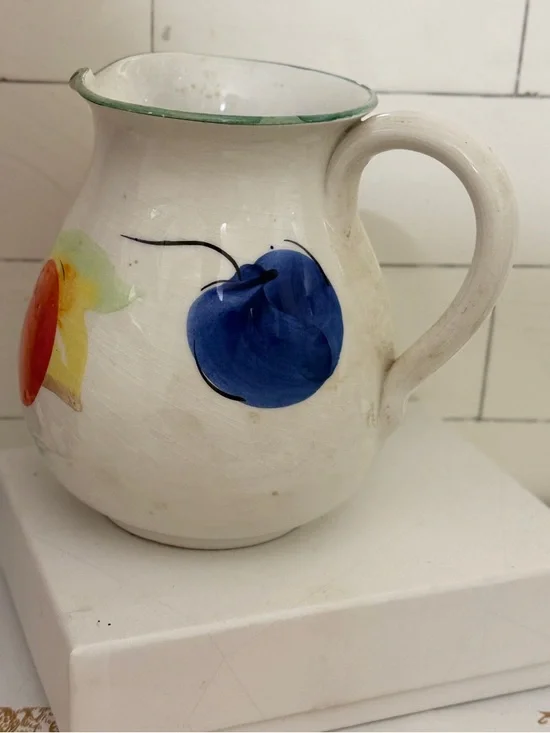 Hand-Painted Ceramic Fruit Pitcher in White with Blue and Orange Accents - Picture 3 of 7